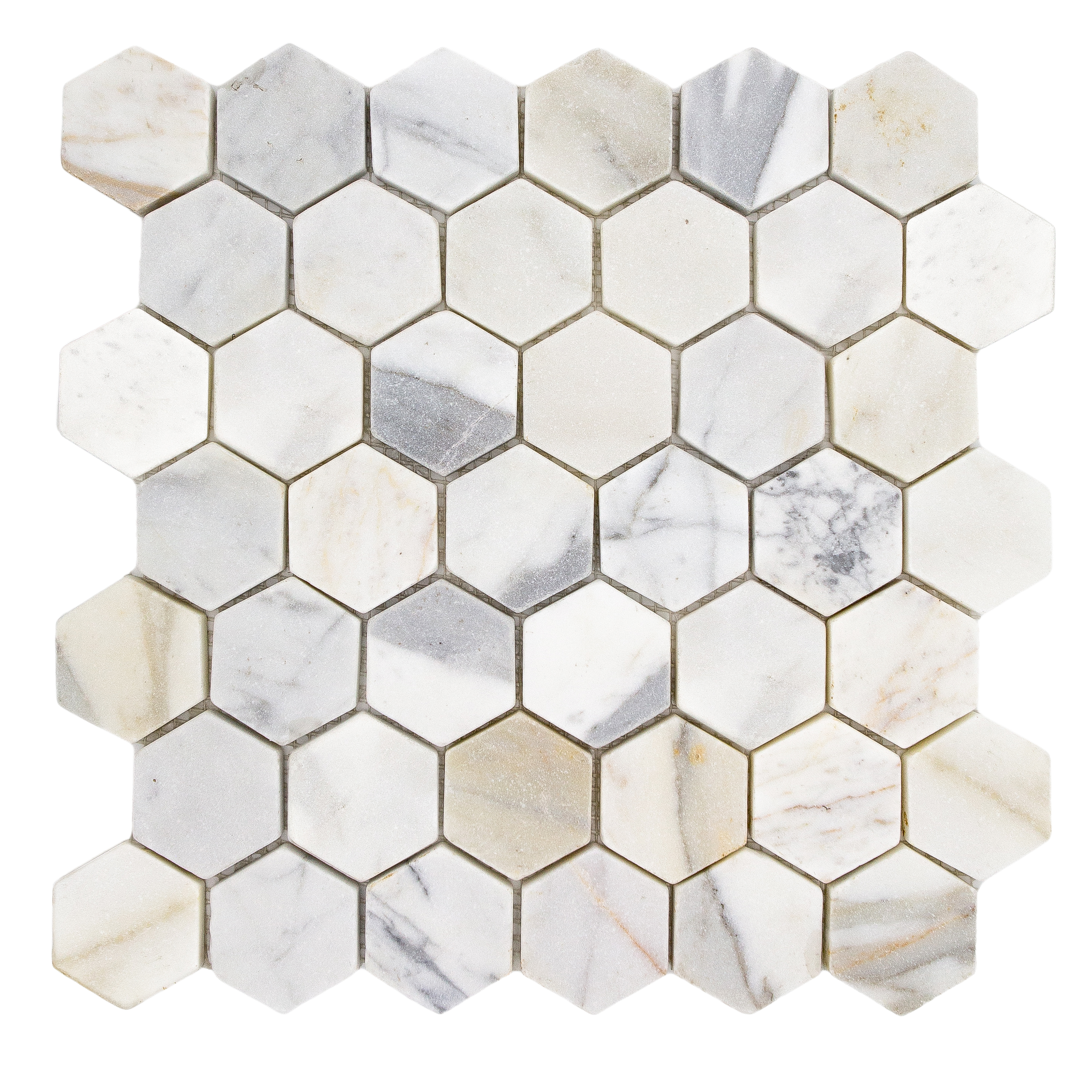 Calacatta marble mosaic tile with hexagon pattern, tumbled finish, and worn edge.