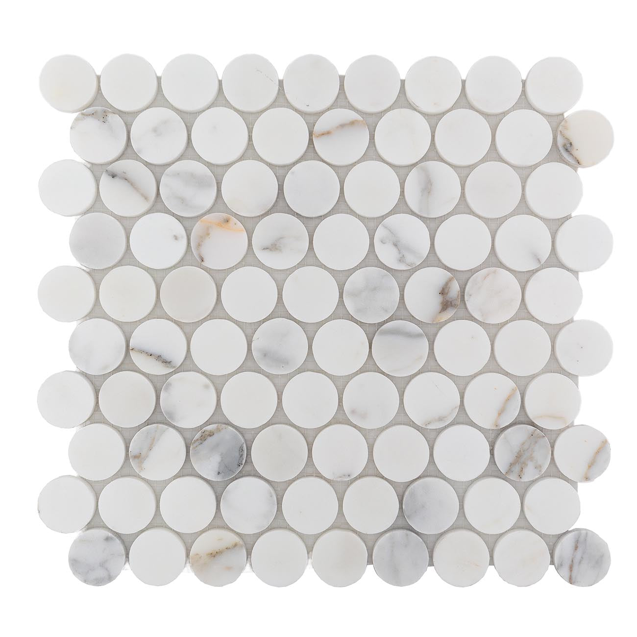 Calacatta marble interlocking mosaic with penny-round pattern and honed finish