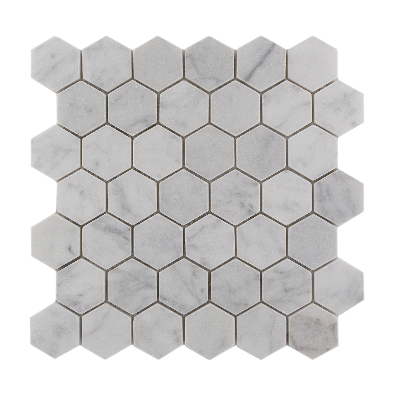 Carrara Bianca marble hexagon mosaic tile with tumbled finish and worn edge, 12" x 12" x 0.375" dimensions