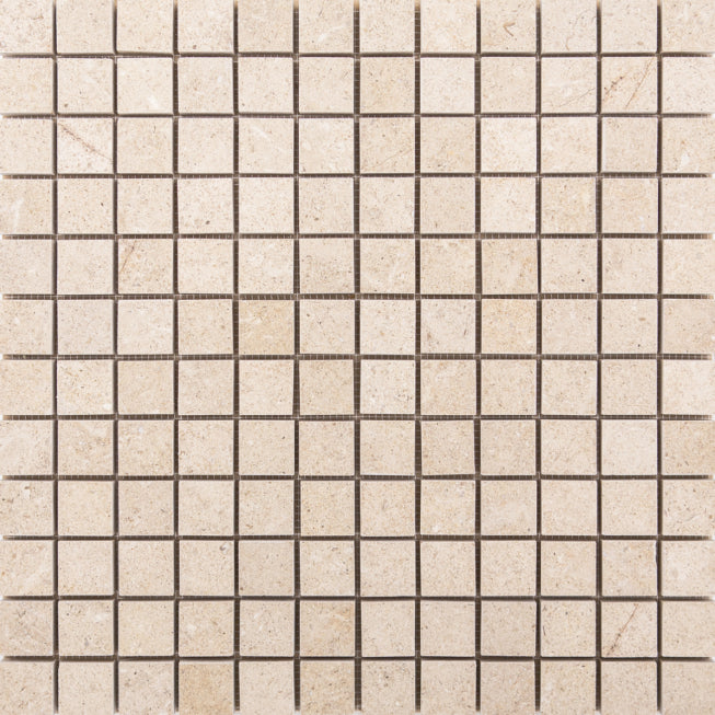 Corton Beige Limestone Mosaic with straight-stack pattern and honed finish