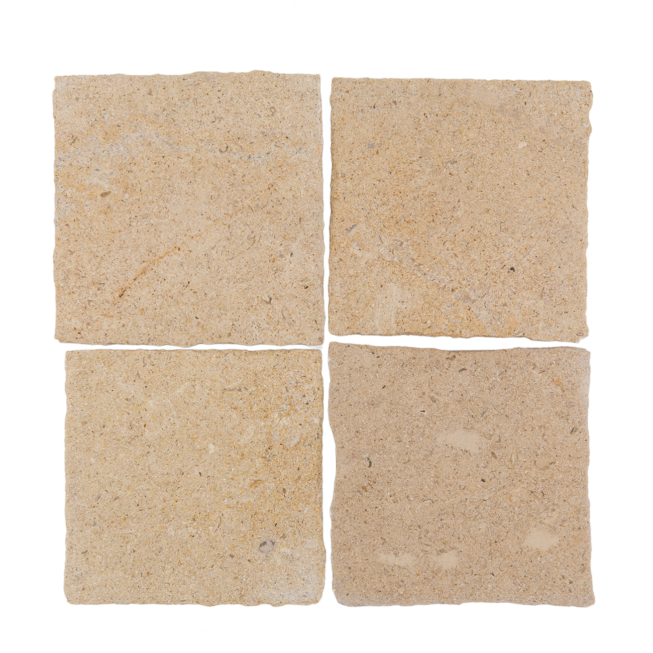 Corton Beige limestone field tile, 4x4 inches, 0.375 inches thick, old-world finish