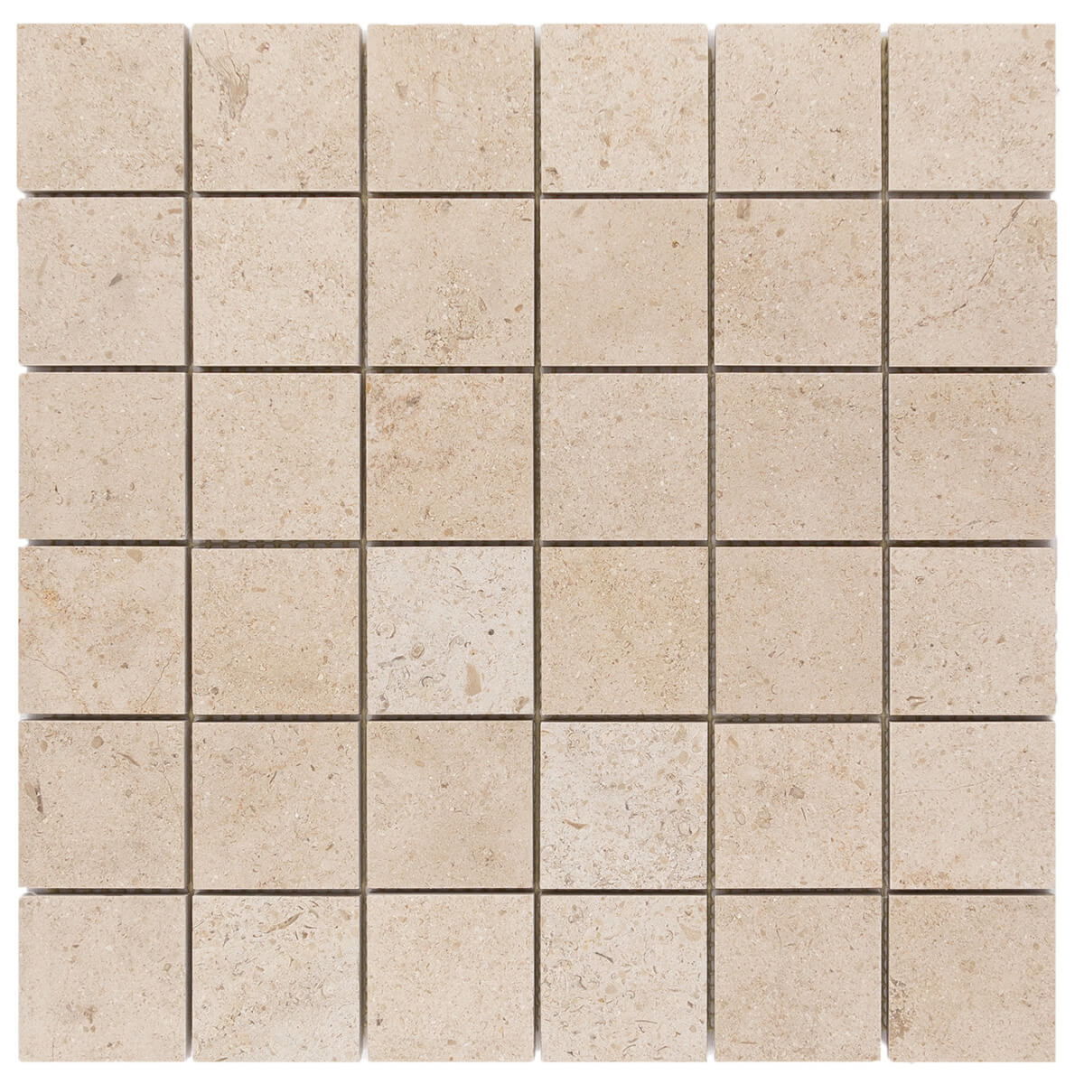 Fonjone limestone mosaic tiles with honed finish and straight edges, 12x12x0.375 inches, ideal for residential and commercial flooring.