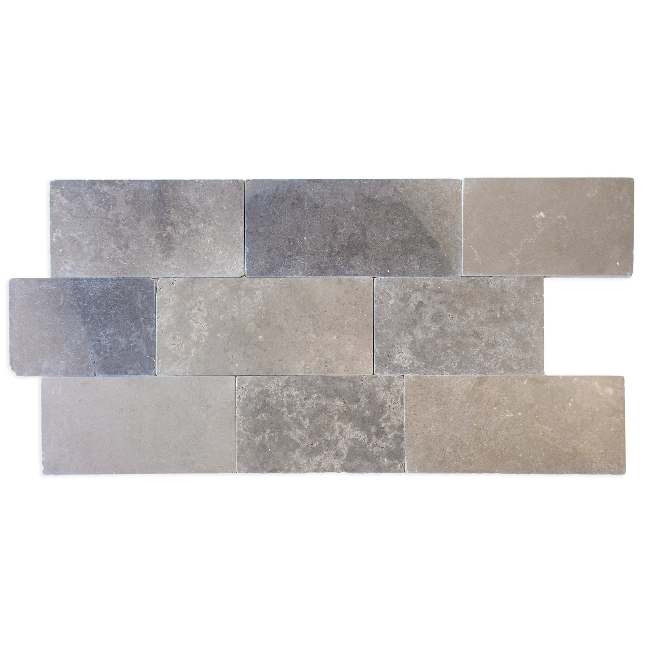 Heather Grey limestone multisize-rectangle pattern with tumbled and brushed finish, 20" x 20" dimensions, 0.625" thickness.