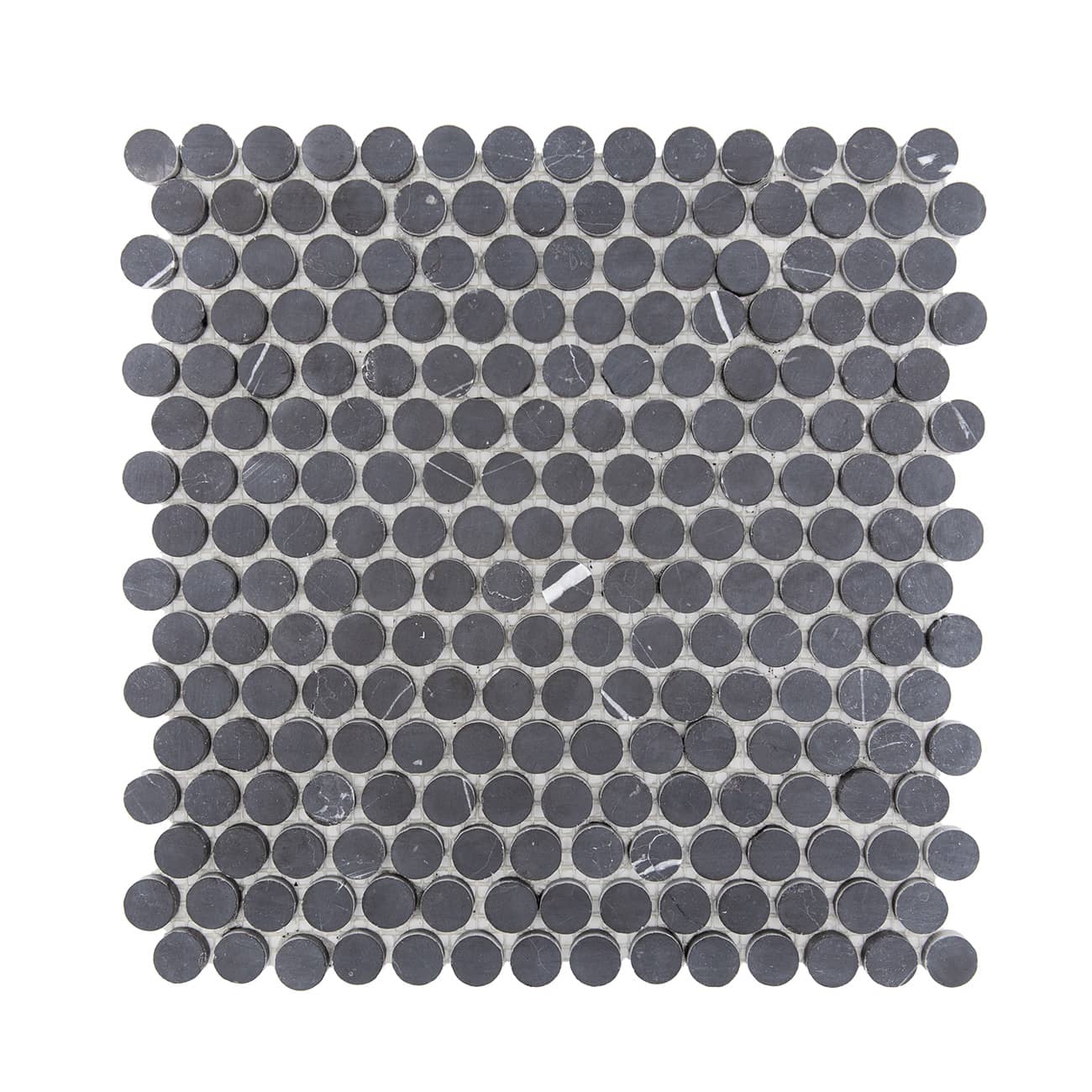 Nero Marquina marble mosaic tiles, penny-round design, 0.75-inch size, 12x12x0.375 inches dimensions.