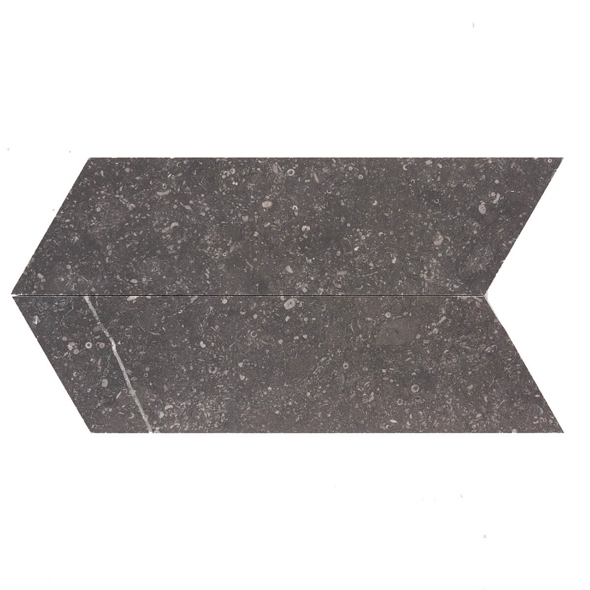 Noir Sully limestone field tile with honed finish and chevron shape, 4x18 inches dimensions