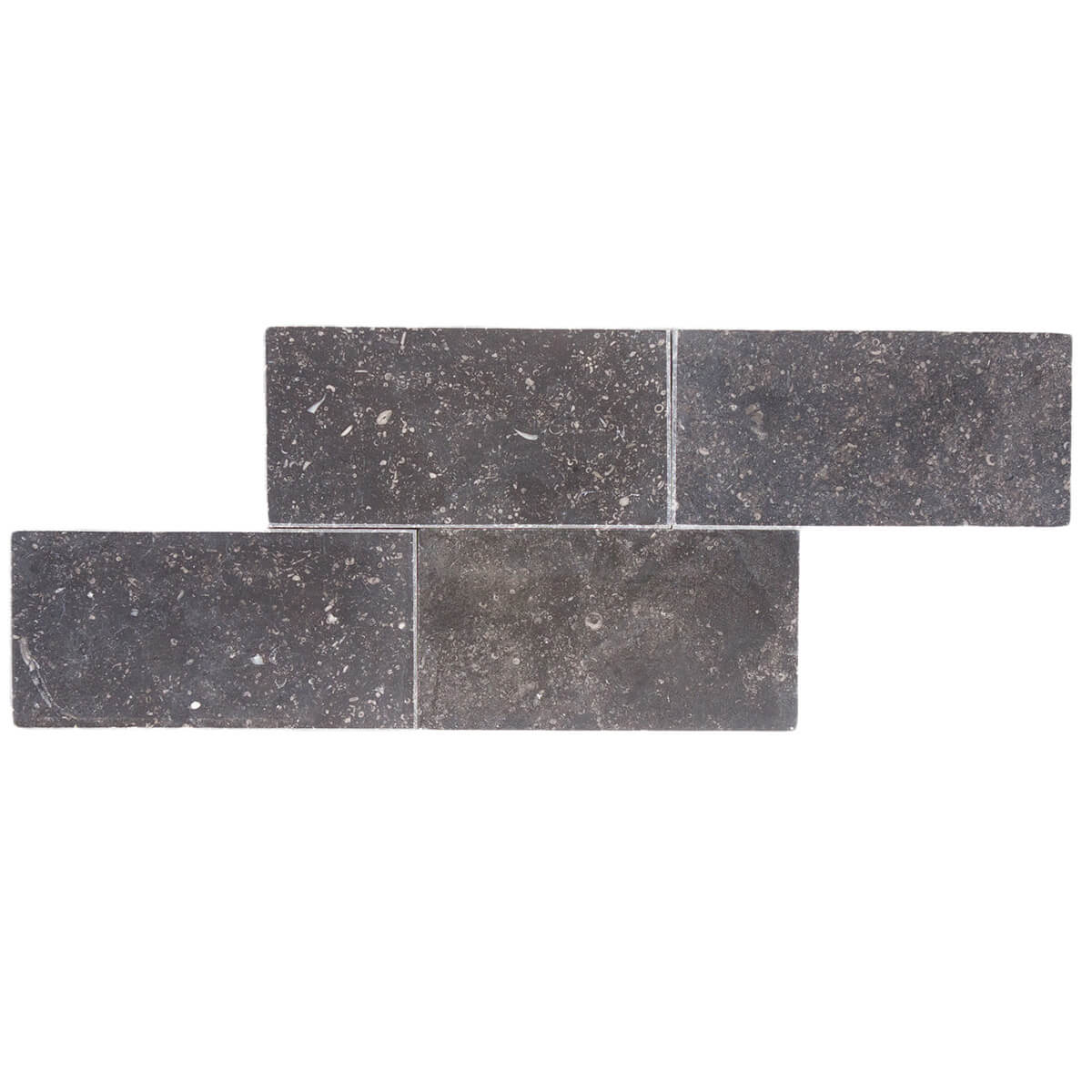 Noir Sully limestone field tile with honed finish and straight edges, 3"x6"x3/8" size