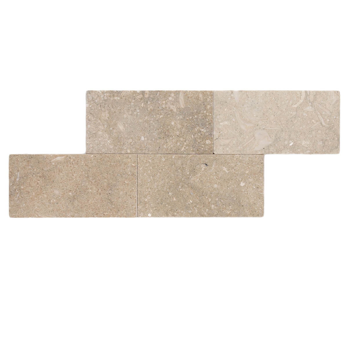 Pistache limestone field tile from Haussmann Natural Stone, green/blue coloring with fossils, 3"x6"x3/8" size, suitable for heavy commercial use.