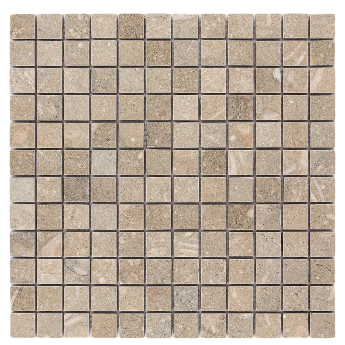 Pistache mosaic interlocking limestone tile with straight-stack pattern and honed finish