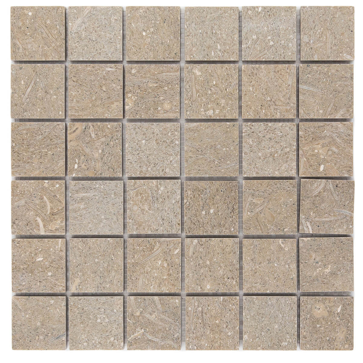 Pistache limestone mosaic with honed finish and straight-stack pattern