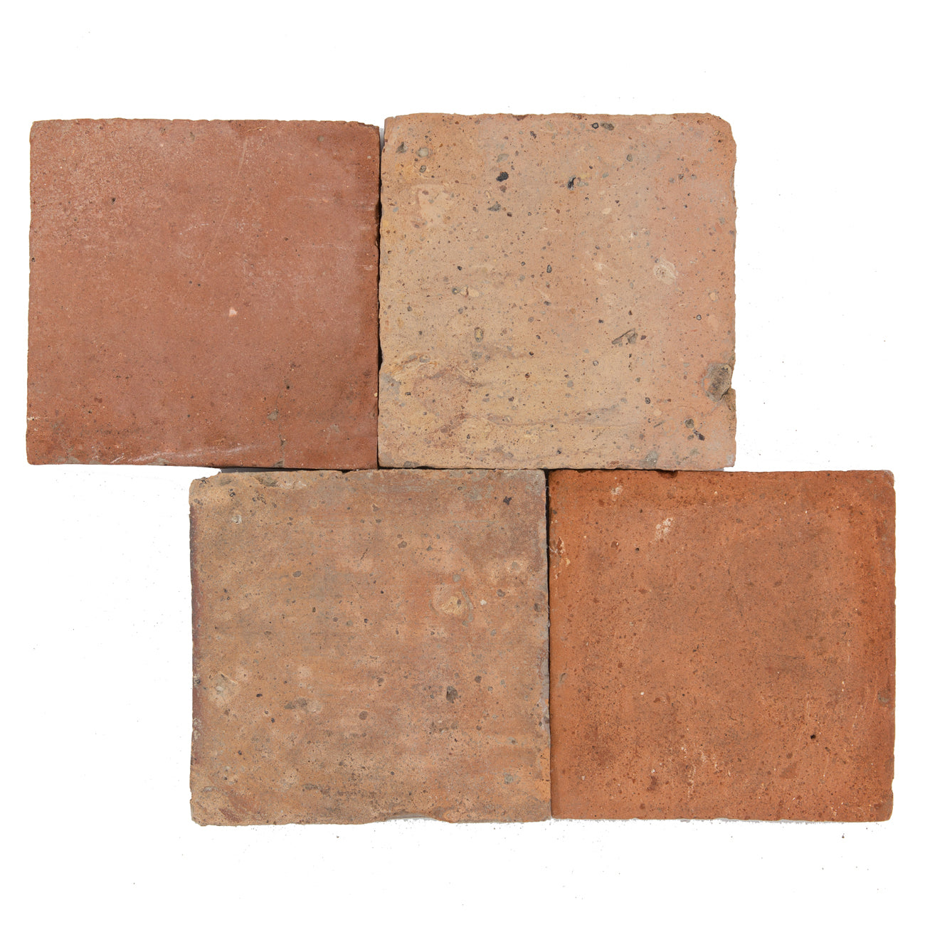 Reclaimed French Cotto paver from Haussmann, 6" x 6" x 1", antique-finished square paver made from ceramic and terracotta