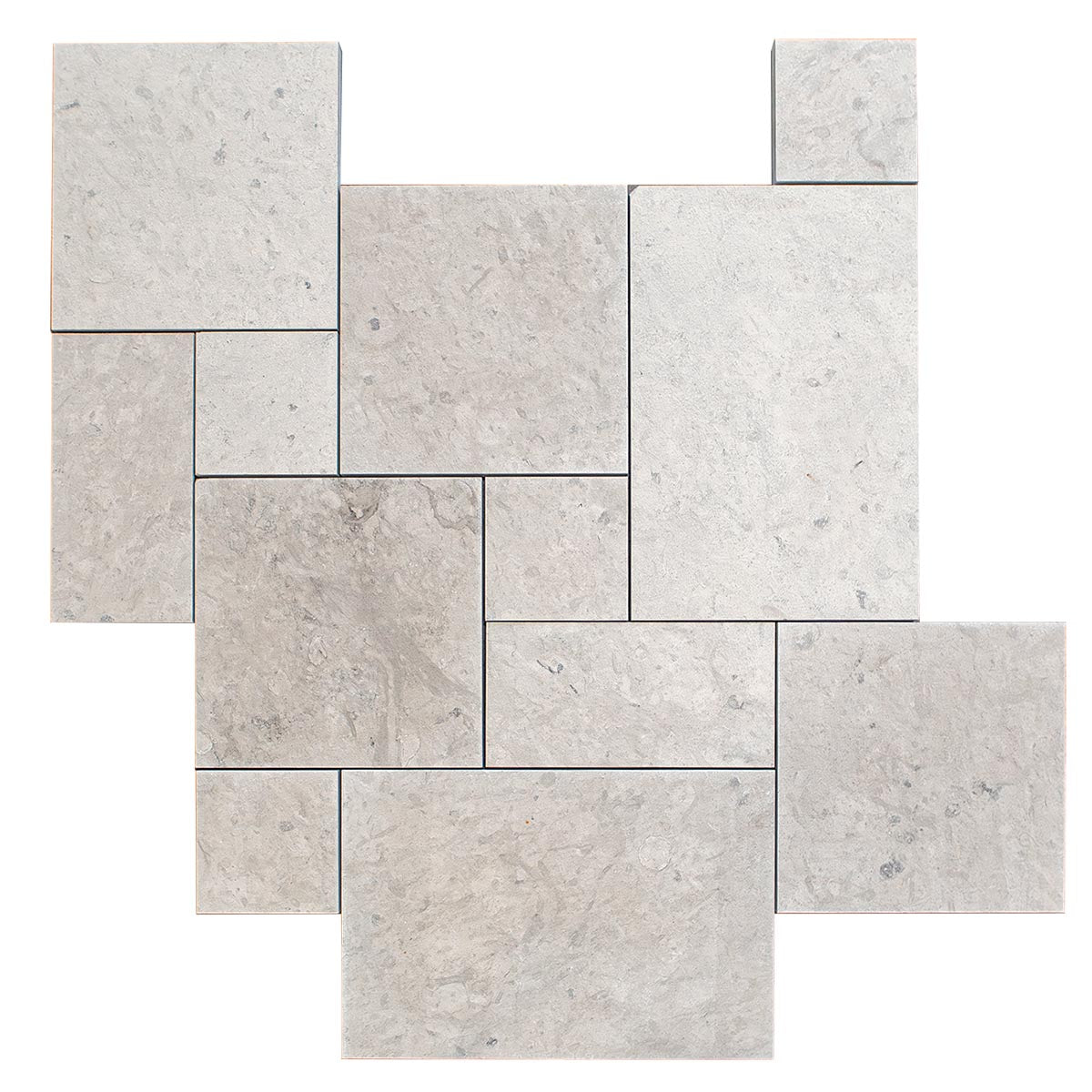 Smoke collection limestone stone with flamed finish in multisize-rectangle pattern.