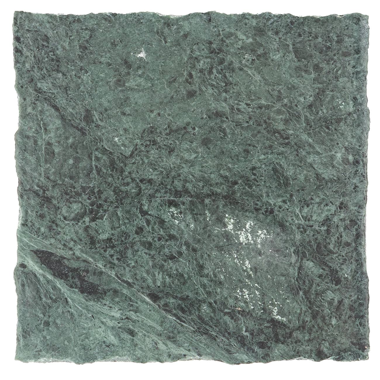 Verde Esme field tile from Haussmann Natural Stone, square-shaped marble tile with Old World finish and uneven edge, 18x18x0.375 inches.