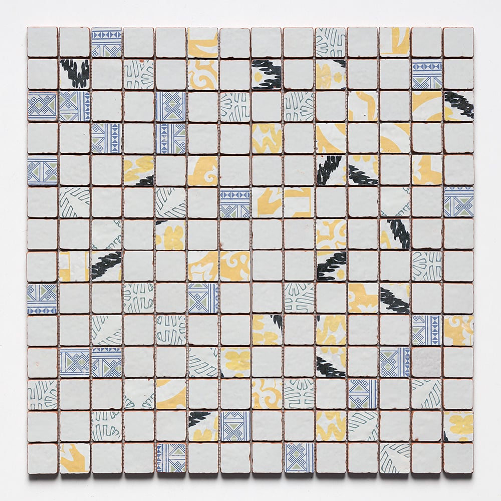 Marble Systems Antiqued Blend Terracotta Mosaic Black, White, Yellow tile pattern swatch — available at Surface Group
