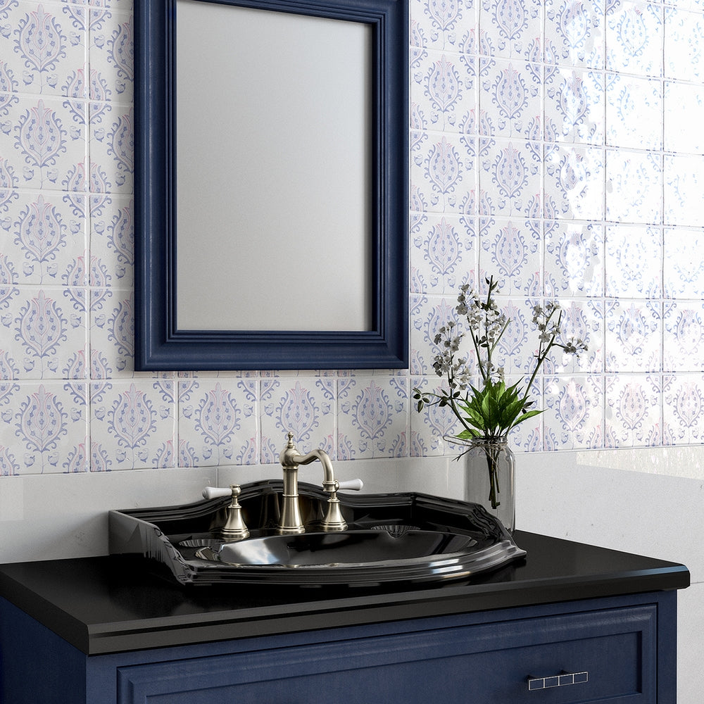 Indigo Wash Tulips Glossy Glazed Terracotta Tiles 6×6
