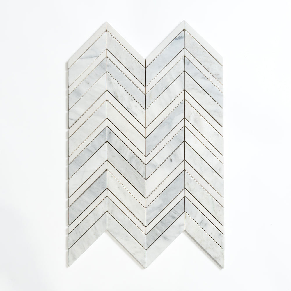 Aspen White, Avenza Multi Finish Chevron Fusion Waterjet Marble Mosaics 16×11 7/8