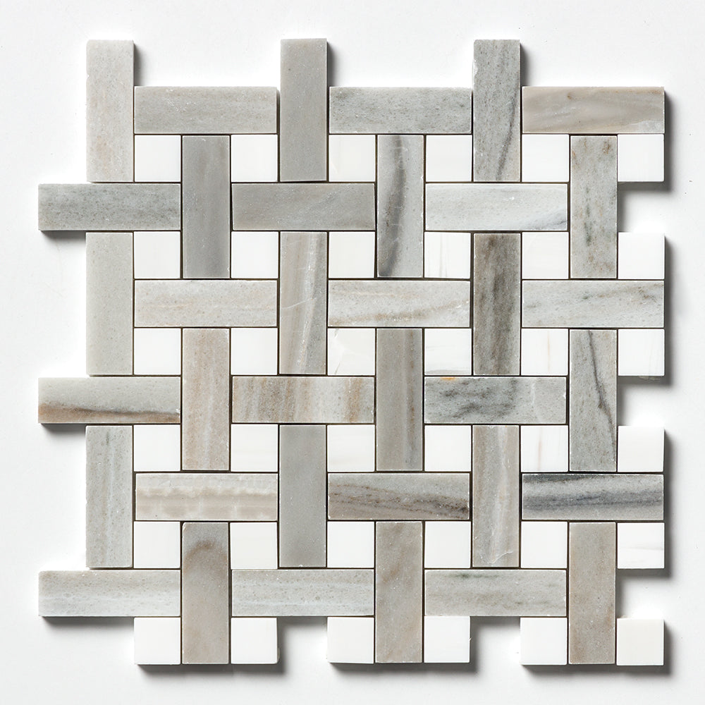 Skyline, Snow White Polished Basket Weave 1×3 Marble Mosaics 12×12