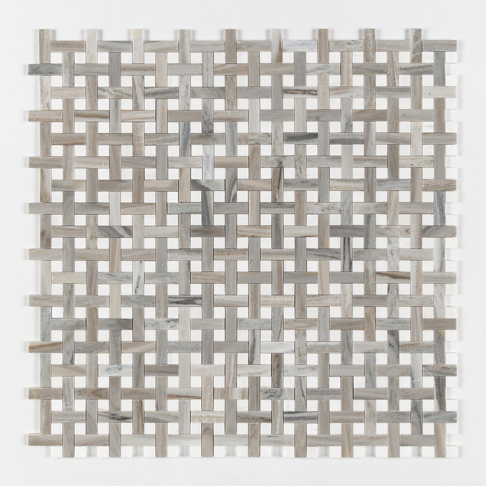 Marble Systems Atelier Mosaic Skyline Snow White glossy marble tile pattern swatch — available at Surface Group