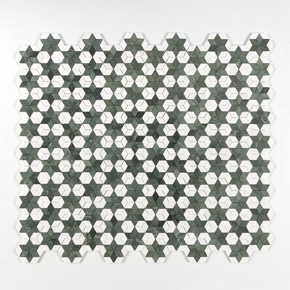 Marble Systems Atelier Mosaic Verde Capri Snow White multi finish marble tile pattern swatch — available at Surface Group