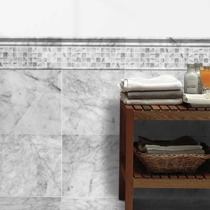 Avenza Honed Marble Tile 18×18 (TL12794) Avenza Honed 1×1 Marble Mosaic 12×12 (MS00736) Avenza Honed Andorra Marble Moldings 2×12 (ML00416) Avenza Honed Pencil Liner Marble Moldings 1/2×12 (ML00415)