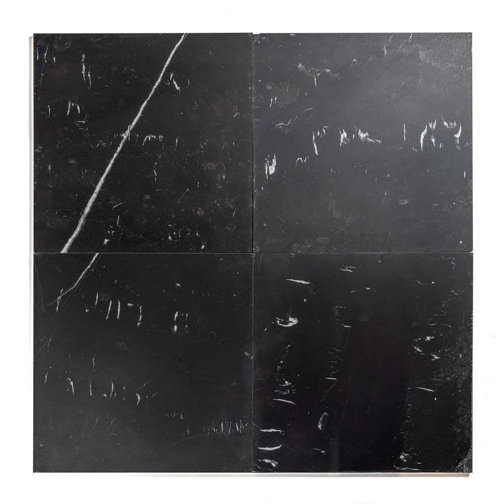Marble Systems Belgium Black Marble Belgium Black matte marble tile pattern swatch — available at Surface Group
