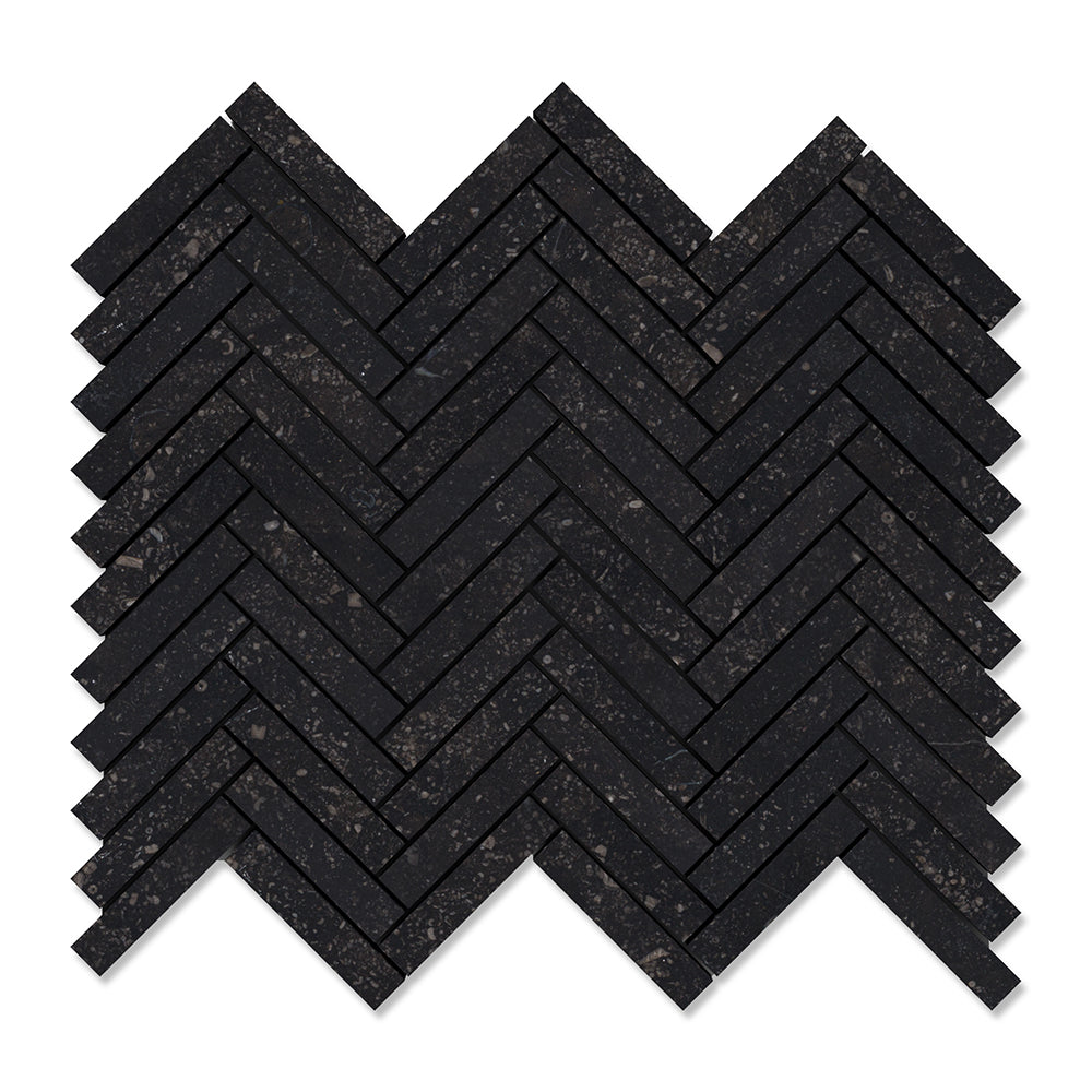 Belgium Blue Honed Herringbone 5/8×3 Limestone Mosaic 12 1/8×13 3/8 Image
