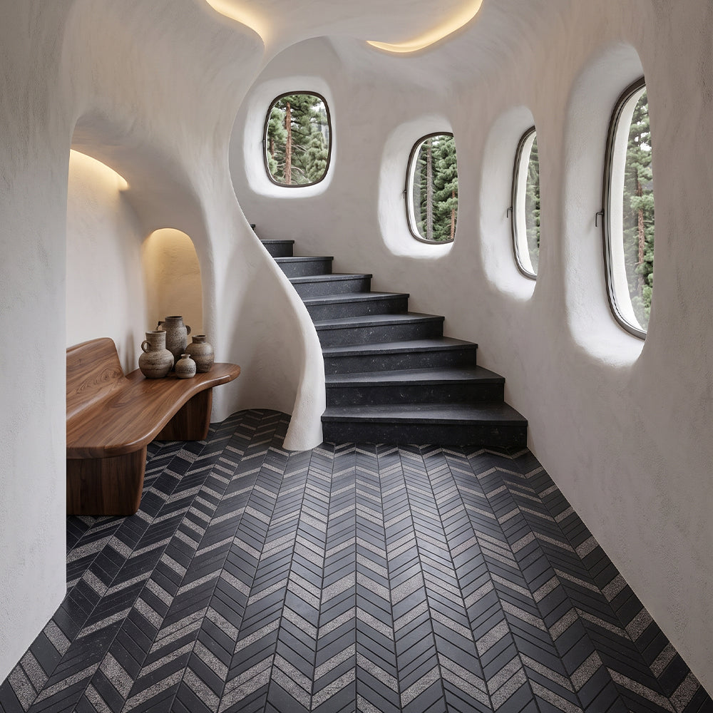 Belgium Blue Textura Chevron Waterjet Limestone Mosaics 13×10 (NW00162)