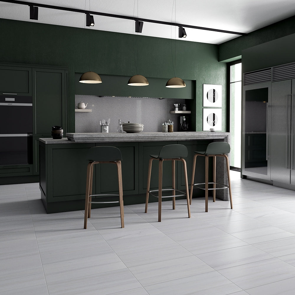 White classic honed marble tile floor for restaurant kitchen