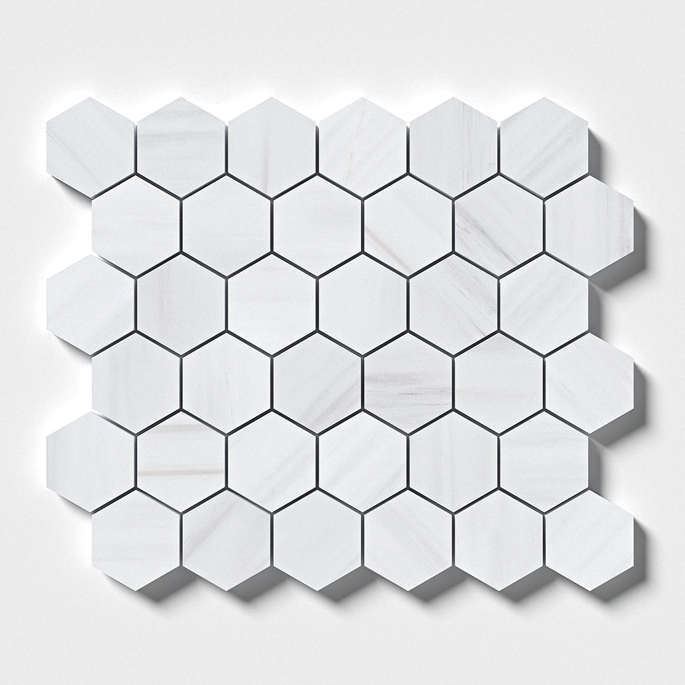 Bianco Dolomiti Classic Polished Hexagon Marble Mosaic 10 3/8×12 Image