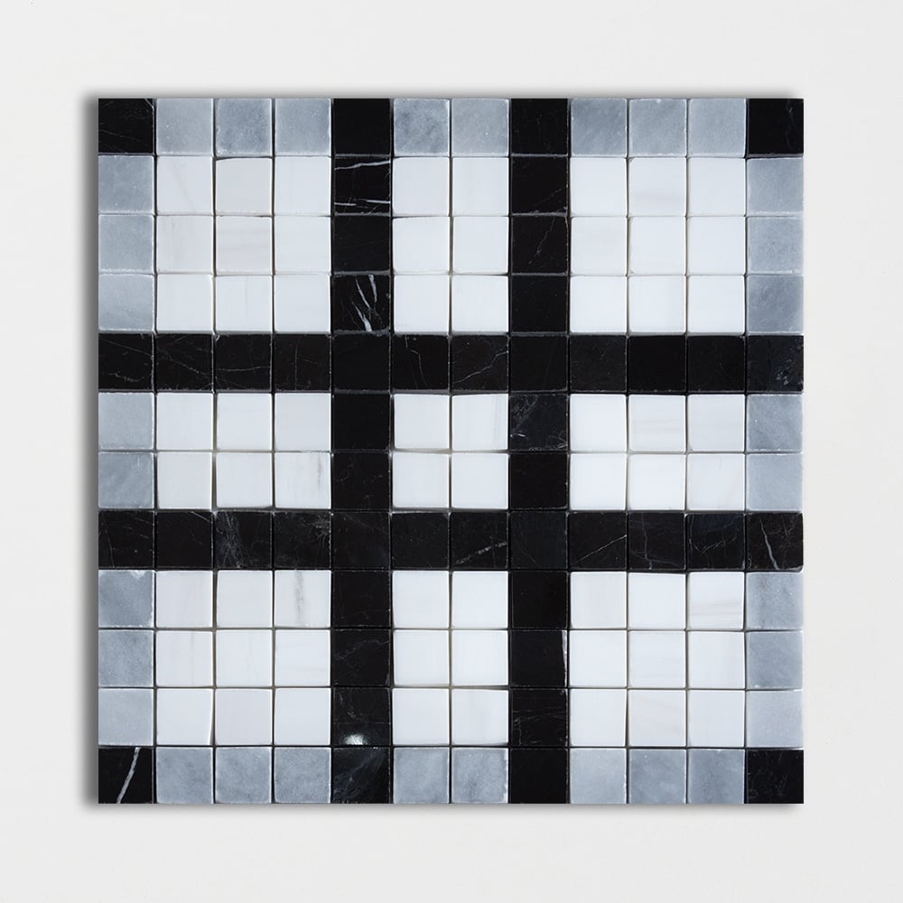 Black, Snow White, Allure Multi Finish Checker Marble Mosaic 12×12 Image