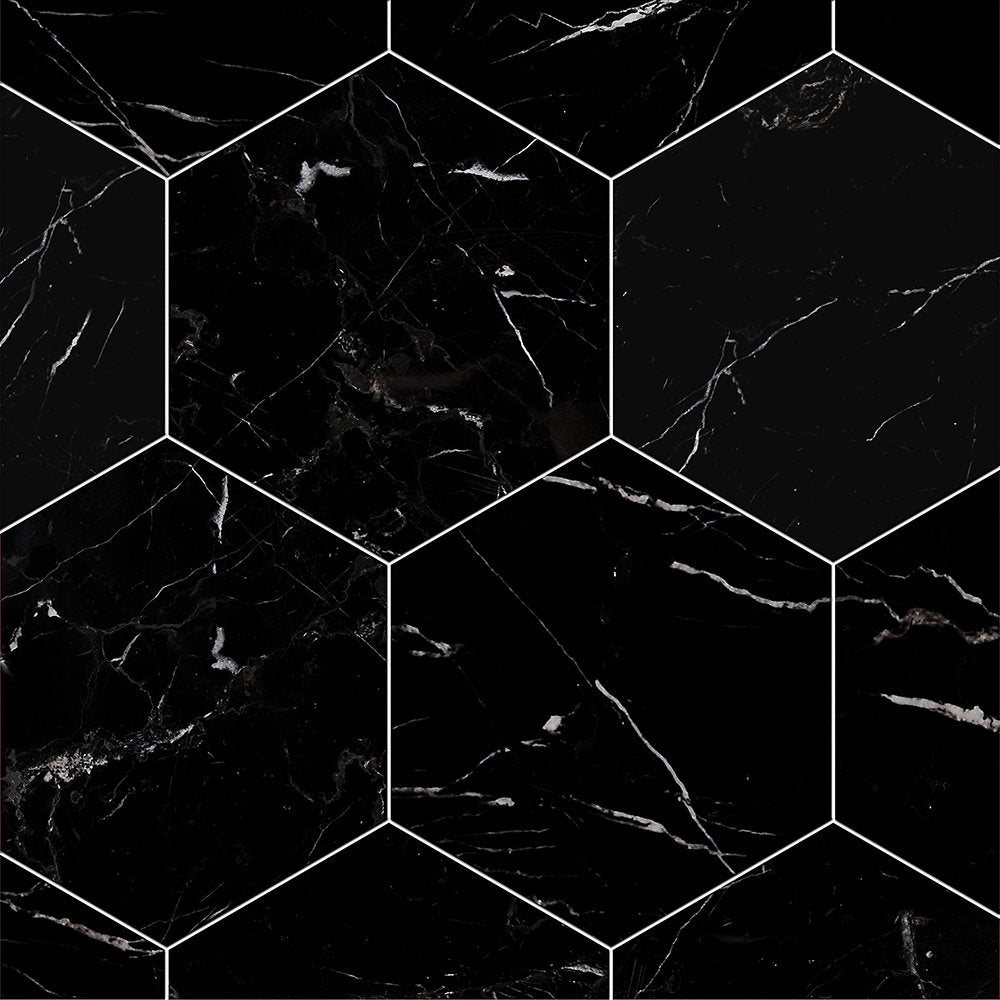 Marble Systems Black & White Marble Black matte marble tile pattern swatch — available at Surface Group