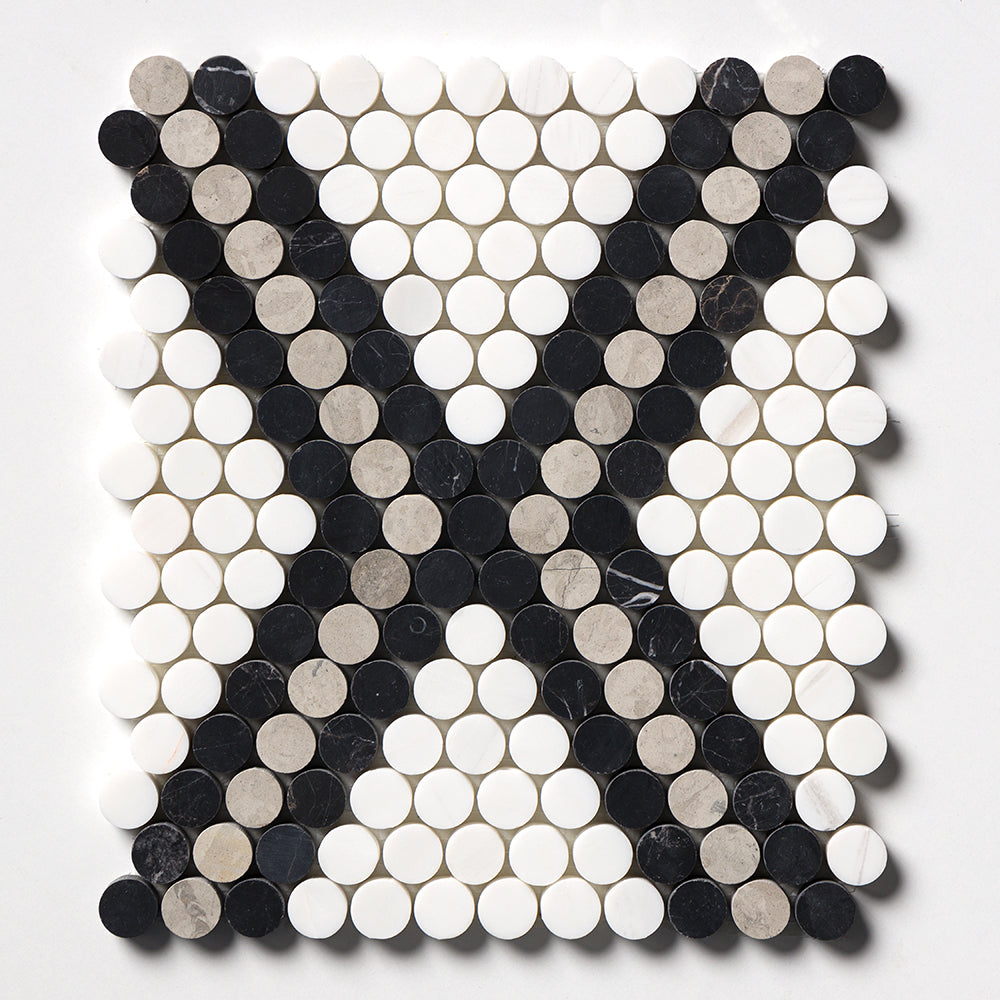 Black, Britannia, Snow White Honed Penny Round Diamond 1 Marble Mosaic 11 27/64×10 15/64 Image