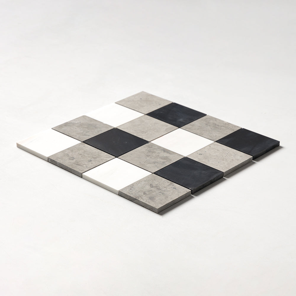 Britannia Light, Snow White, Black Honed 4×4 Limestone Mosaics 16×16 (MS01719)