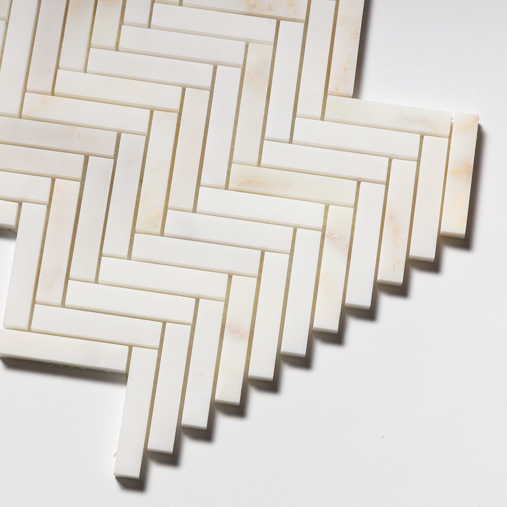 Calacatta Amber Honed Herringbone 5/8×3 Marble Mosaics 10 7/16×12 13/16 (MS01999)