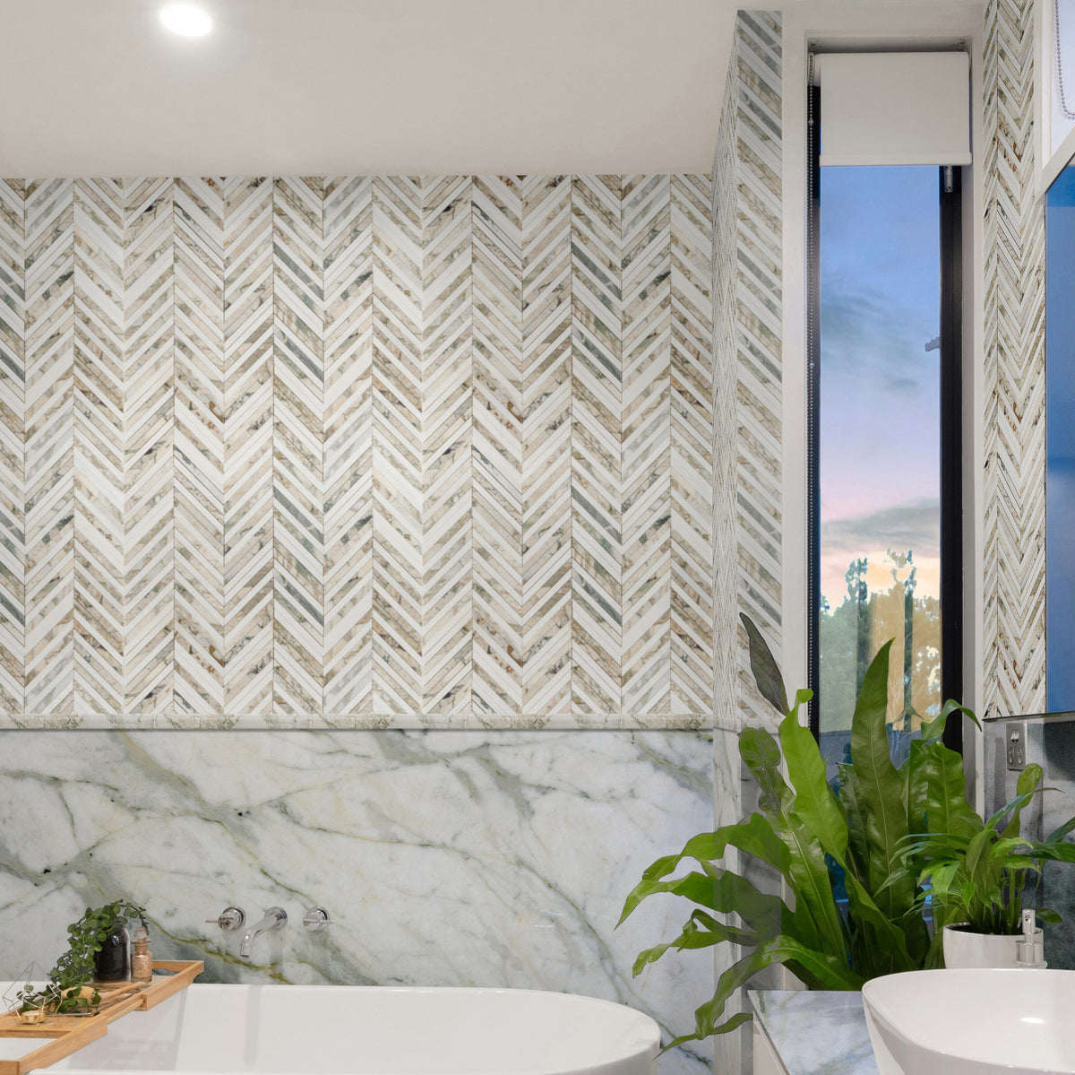 Calacatta Green Honed Thin Chevron Waterjet Marble Mosaic 10×13 (NW00151)