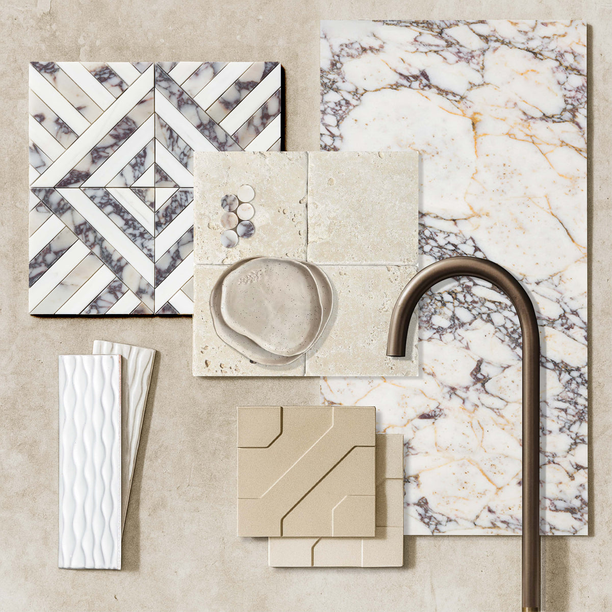 Marble Systems Calacatta Picasso Marble Calacatta Picasso Snow White matte tile collection mood board — available at Surface