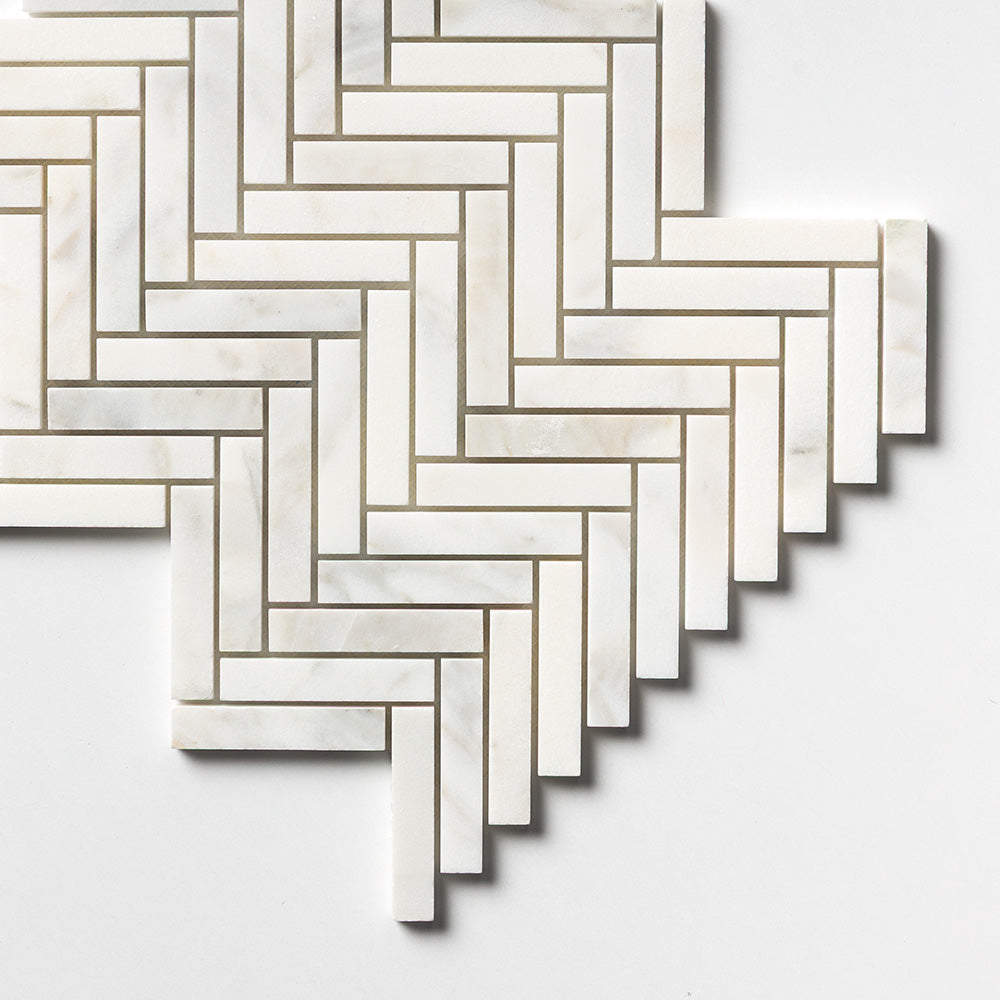 Calacatta Renaissance Honed Herringbone 5/8×3 Marble Mosaics 10 7/16×12 13/16 (MS02720)