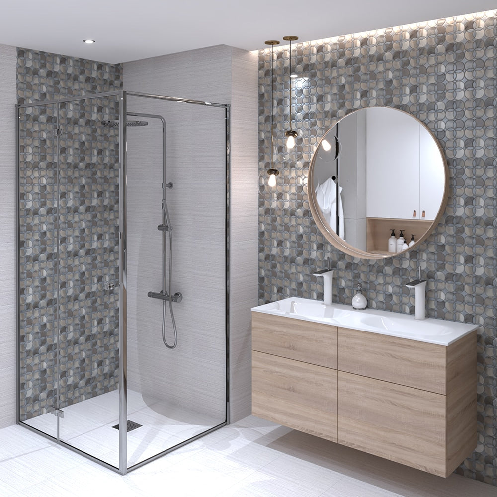 Constantine Afyon Grey, Palisandra Multi Finish Marble Waterjet Decos 13 5/8×13 5/8 (YNR10019) Champagne Line Textured Limestone Tile 16×24 (TL16715)