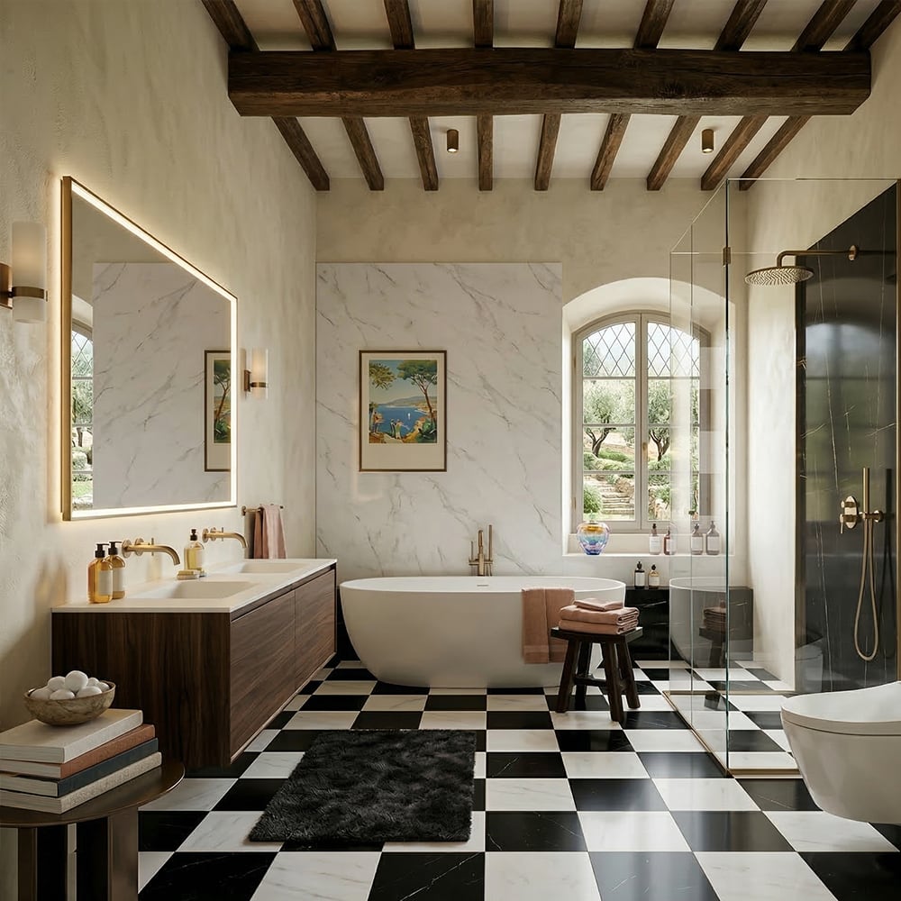 Bianco Dolomiti Classic, Black Polished Checkerboard Pattern Marble Tiles 12×12 (TL91749)