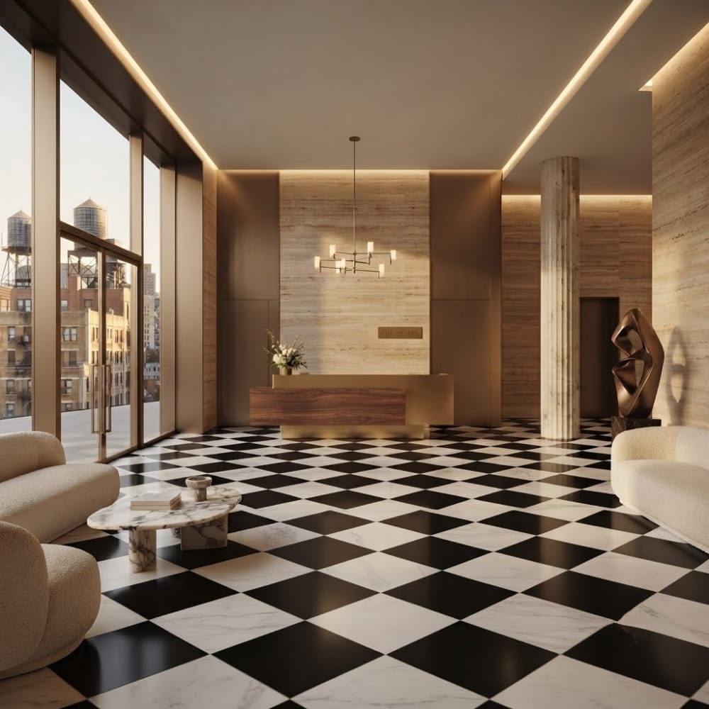 Bianco Dolomiti Classic, Black Polished Checkerboard Pattern Marble Tiles 12×12 (TL91749)