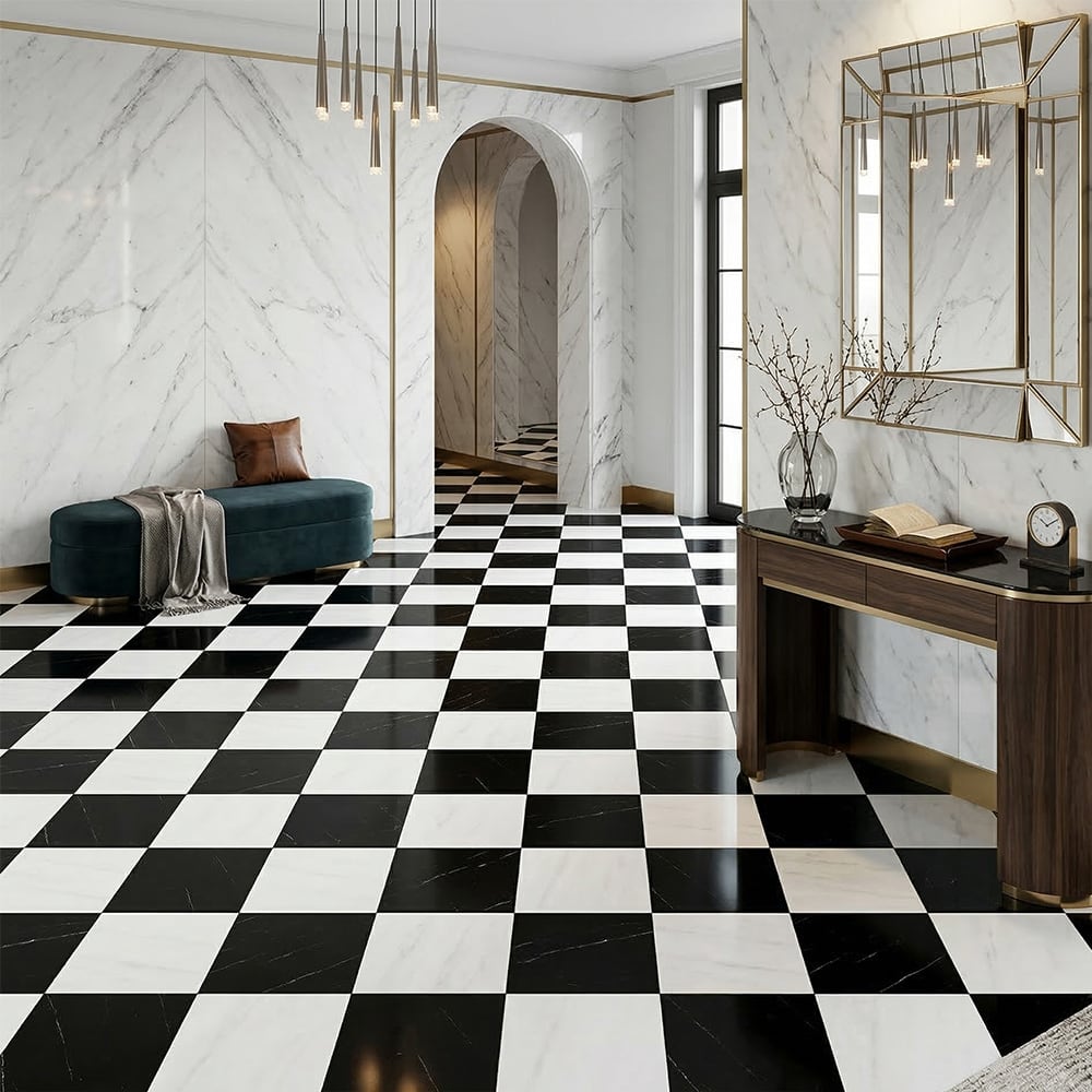 Bianco Dolomiti Classic, Black Polished Checkerboard Pattern Marble Tiles 12×12 (TL91749)