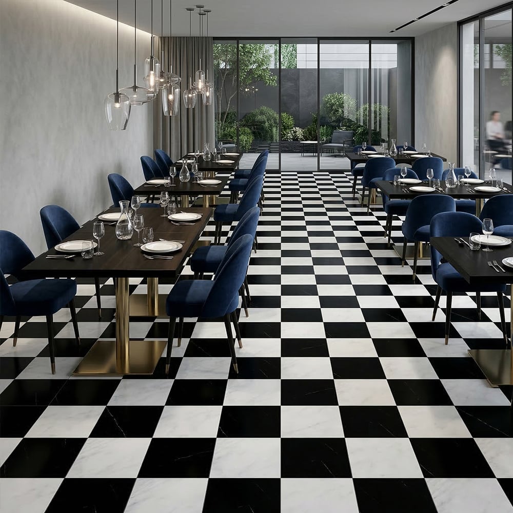 Black, Calacatta Bella Polished Checkerboard Pattern Marble Tiles 12×12 (TL91746)