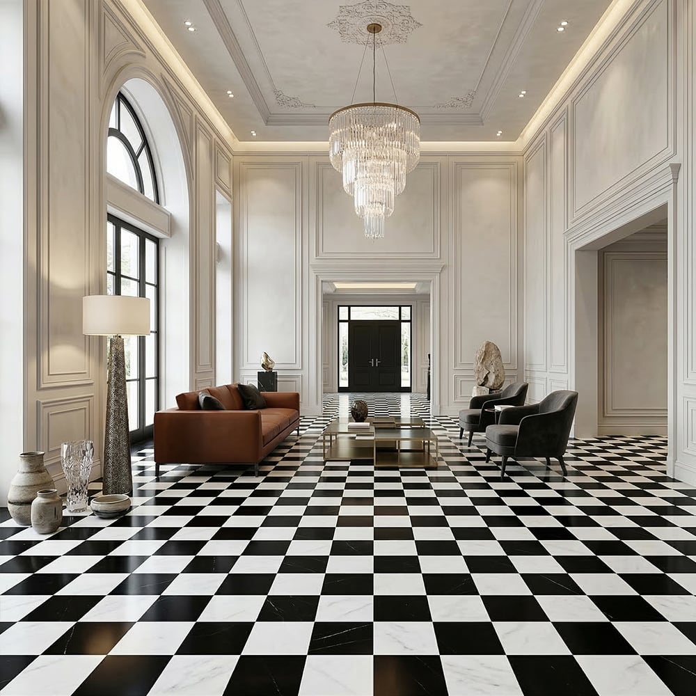Black, Calacatta Bella Polished Checkerboard Pattern Marble Tiles 12×12 (TL91746)