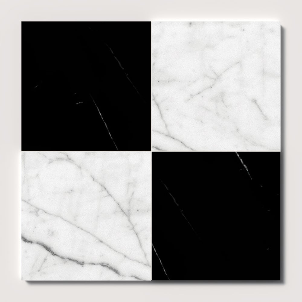 Marble Systems Checkerboard Marble Black White Carrara C glossy marble tile pattern swatch — available at Surface Group