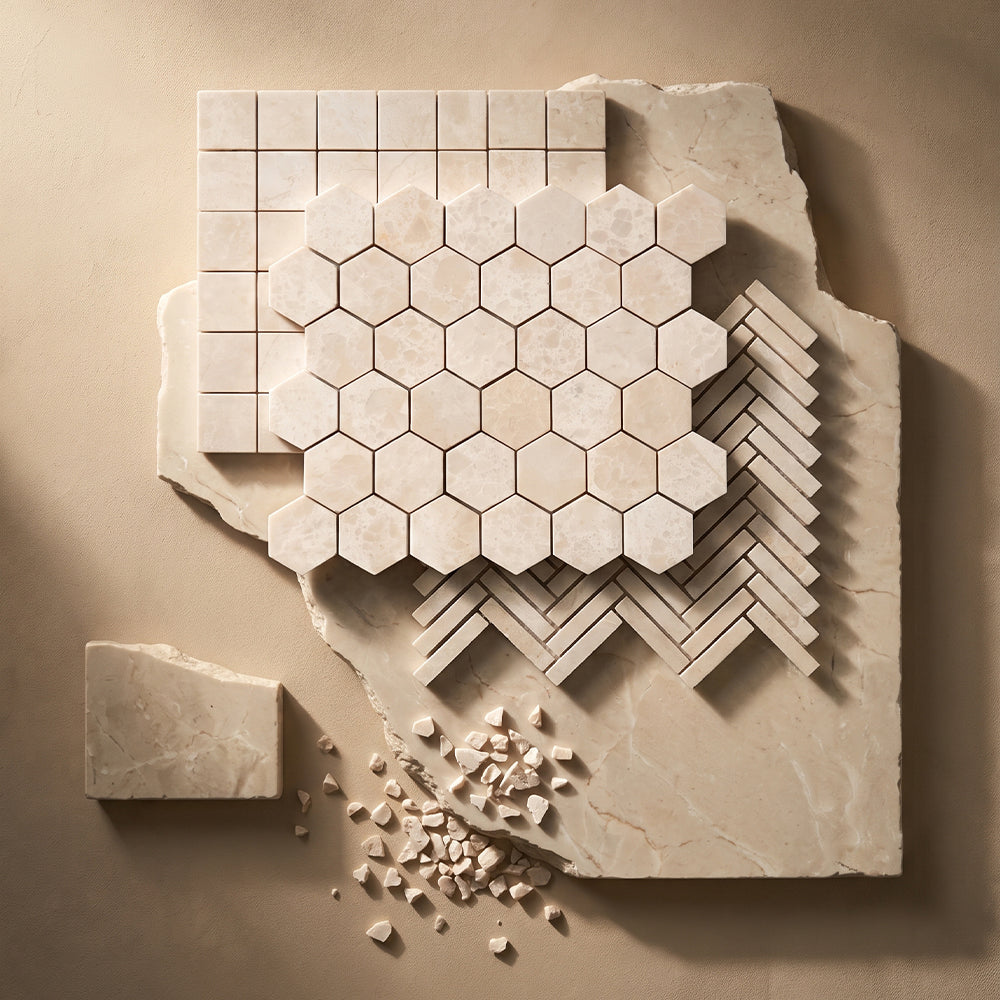 Marble Systems Crema Marfil T Collection Crema Marfil T matte marble tile collection mood board — available at Surface Group