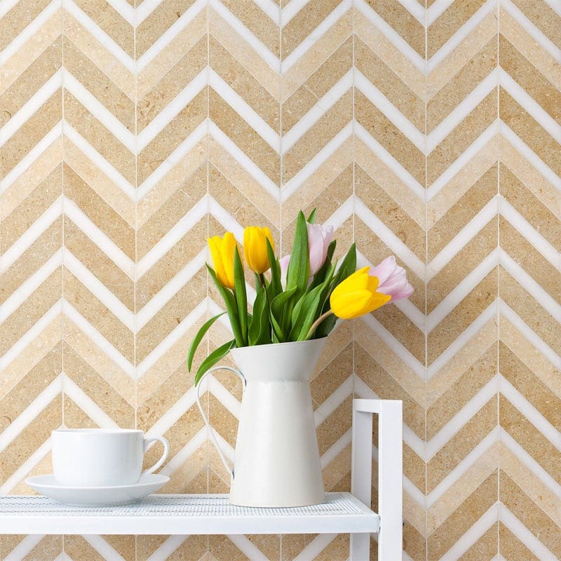 Seashell, Snow White Multi Finish Chevron Fusion Limestone Mosaic 16×11 7/8 (NW00047)
