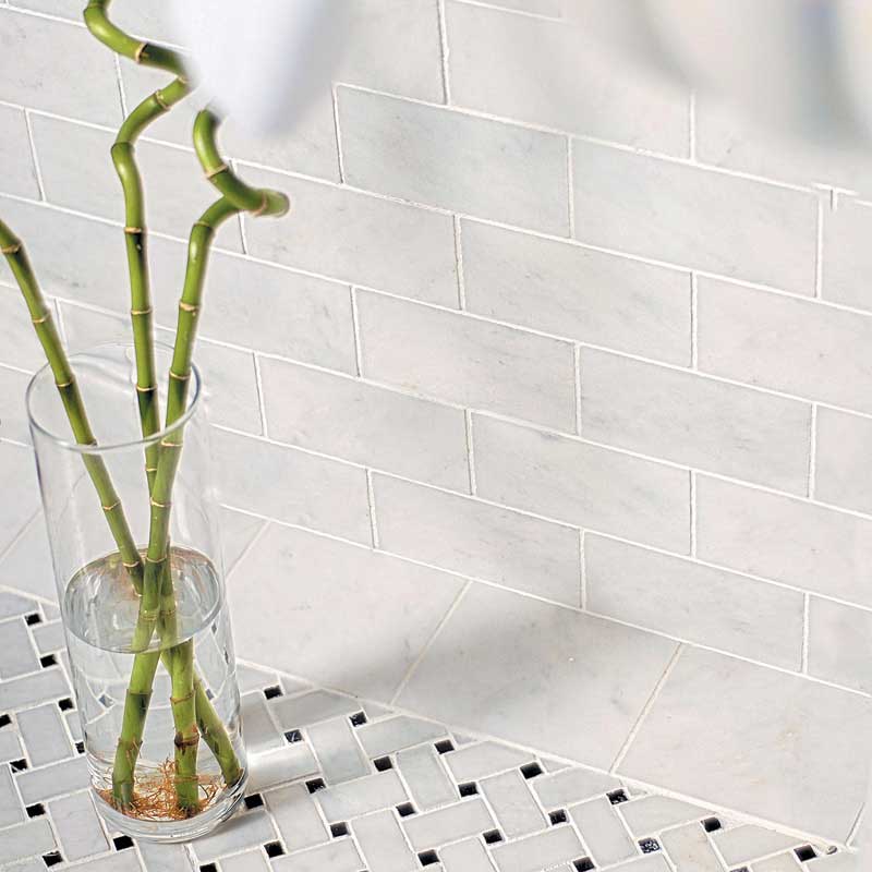 Glacier Honed Marble Tile 2 3/4×5 1/2 (TL13302) Glacier Honed Marble Tile 5 1/2×5 1/2 (TL13303) Glacier Honed Basket Weave Marble Mosaic 12×12 (MS00676)