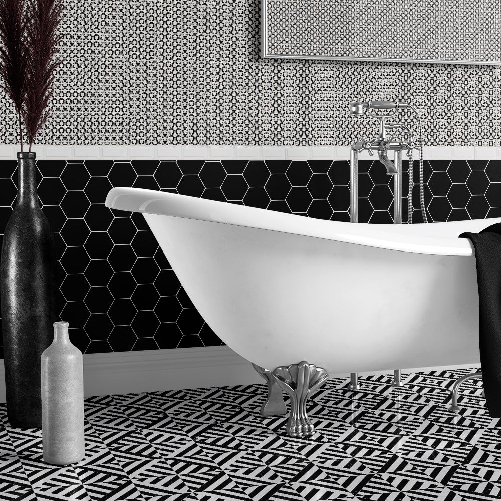 Kuro Matte Seigaiha Ceramic Tile 6×6 (TL80503) Black, Snow White Honed Ponte Marble Mosaic 14 5/16×14 5/16 (MS01928) Black Glossy Hexagon 5 Ceramic Tile 5 (DC00357) Snow Glossy Ennis Ceramic Wall Decos 3×6 (WST40109)