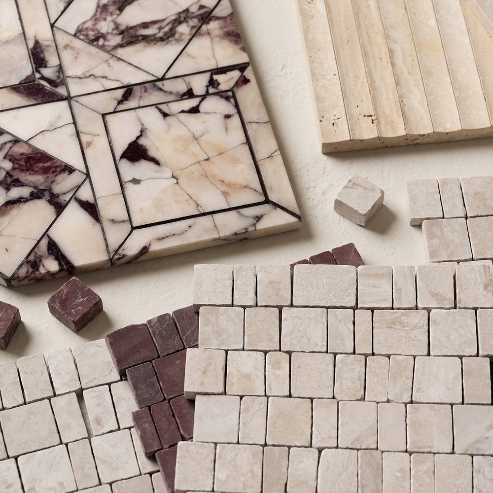 Ivory Unfilled Ion Travertine Mosaics 12×12 (MS02605) Diana Royal Honed Scarpa Rough Cut Marble Mosaics (MS02846) Red Bordeaux Honed Scarpa Rough Cut Marble Mosaics (MS02843) Calacatta Viola Honed Palazzo Li Antica Marble Mosaics 12×12 (MS60016)