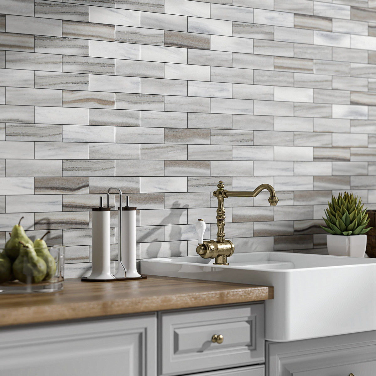 Honed gray marble backsplash