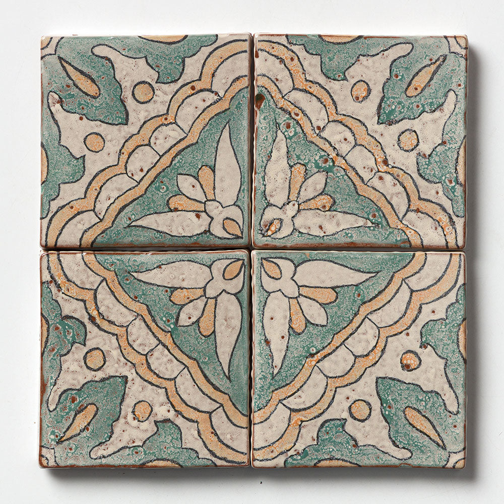 Marble Systems Maina Terracotta Beige, Green, Orange glossy terracotta tile pattern swatch — available at Surface Group